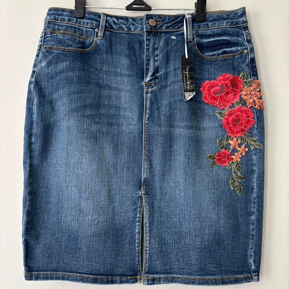 Embroidered Floral Denim Midi Skirt - Blue with Red Flowers